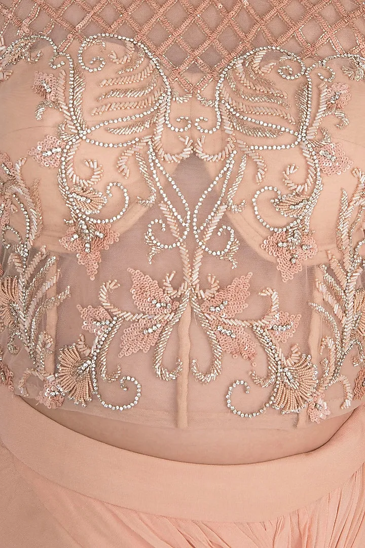 Peach Embroidered Blouse With Knotted Skirt