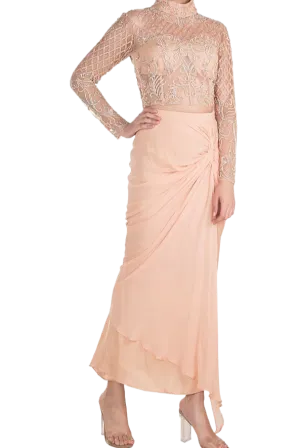 Peach Embroidered Blouse With Knotted Skirt