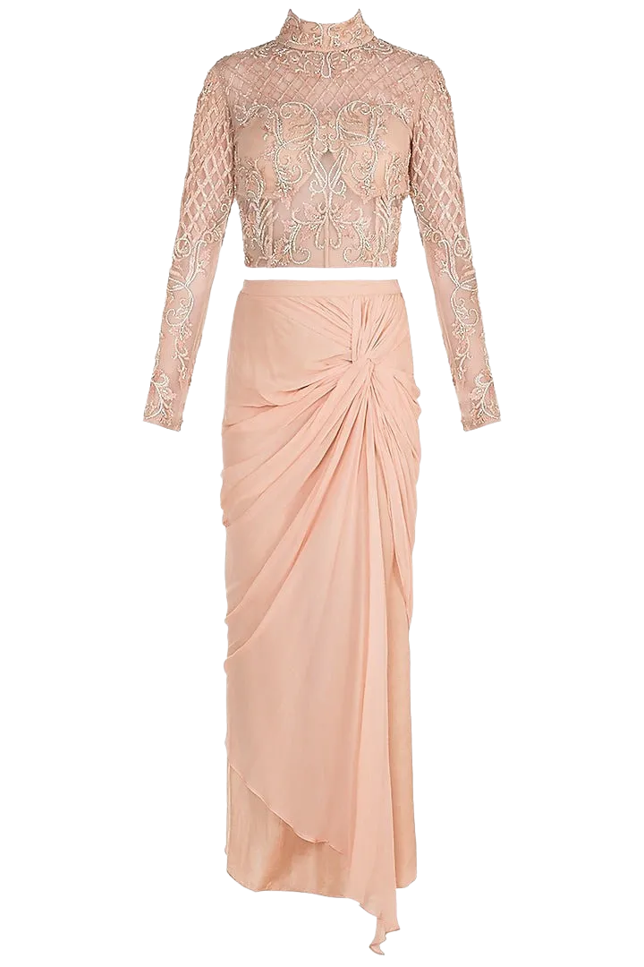 Peach Embroidered Blouse With Knotted Skirt