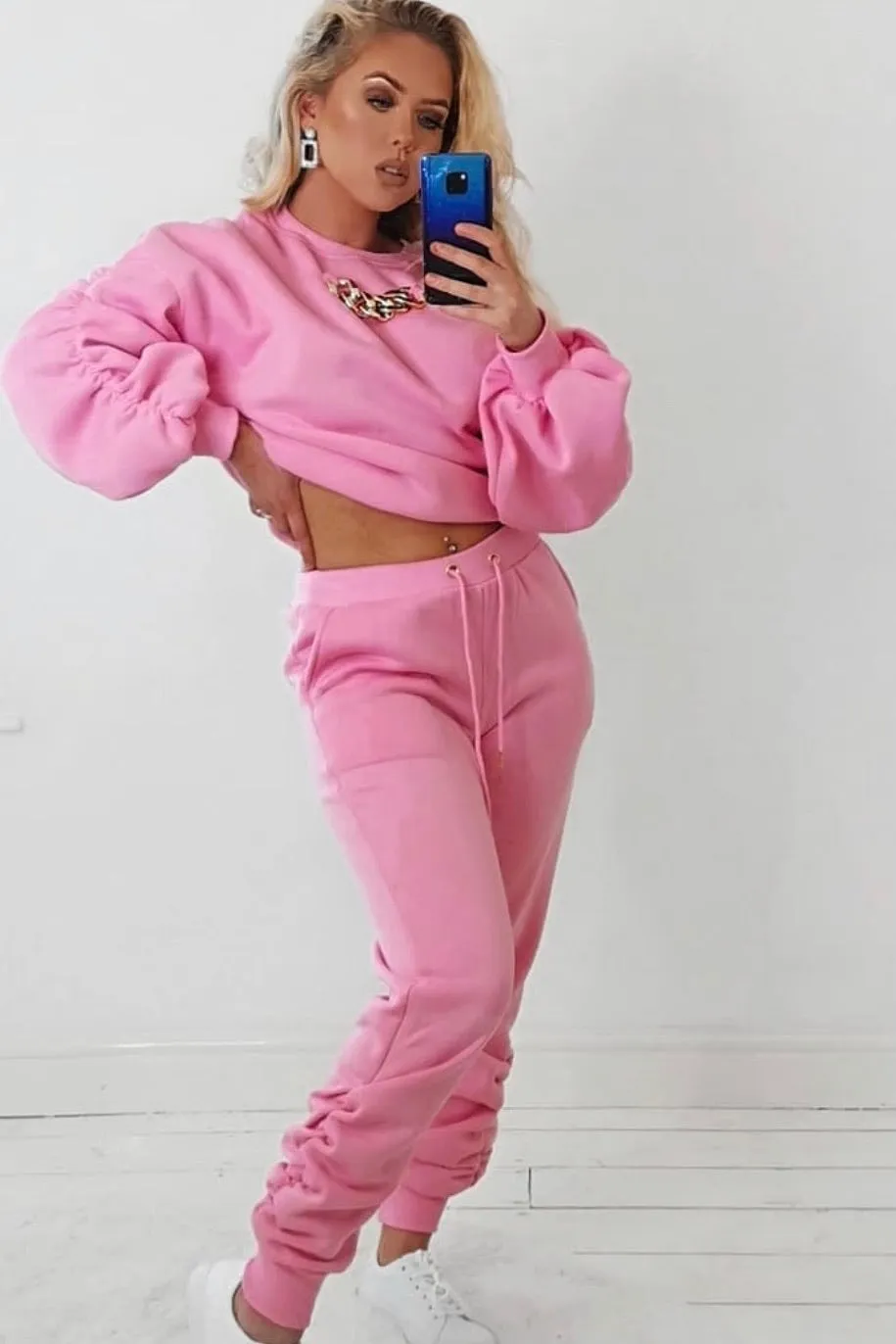 Pink Ruched Chain Detail Jumper and Joggers Tracksuit Set