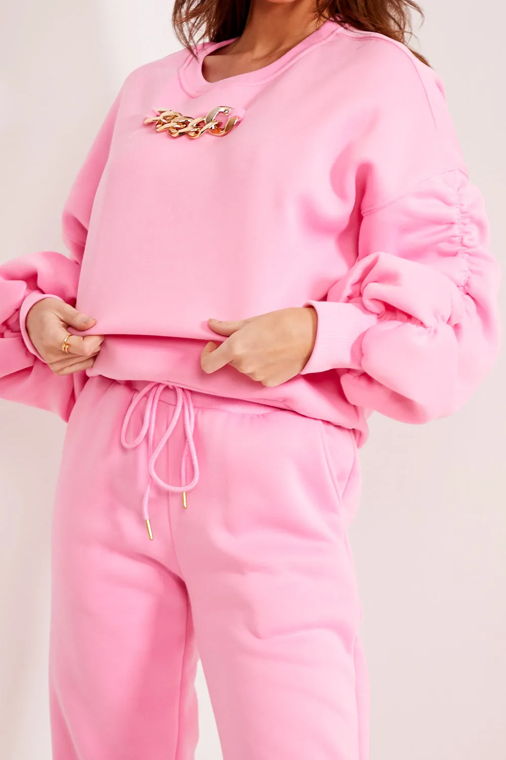 Pink Ruched Chain Detail Jumper and Joggers Tracksuit Set