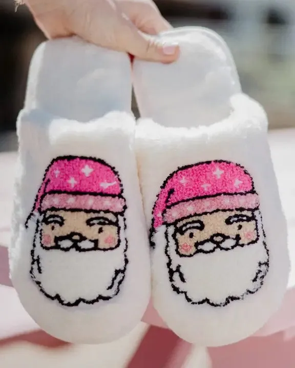 Pink Santa Face Slippers - White - FINAL SALE