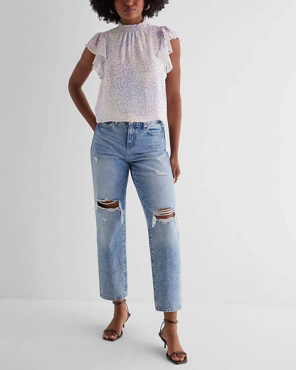 Printed Mock Neck Flutter Sleeve Gramercy Tee in Multi