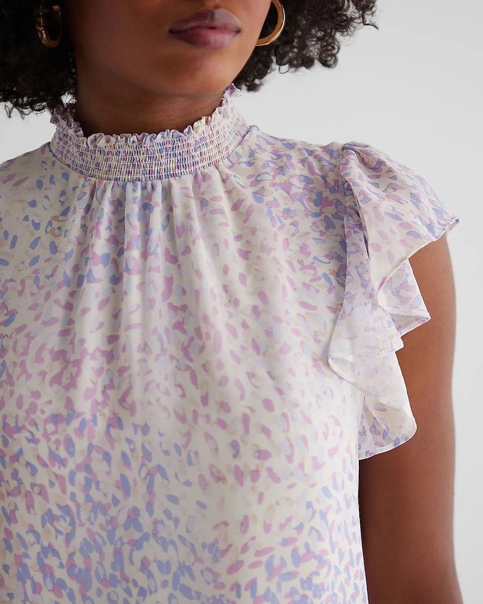 Printed Mock Neck Flutter Sleeve Gramercy Tee in Multi