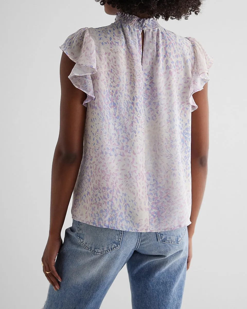 Printed Mock Neck Flutter Sleeve Gramercy Tee in Multi