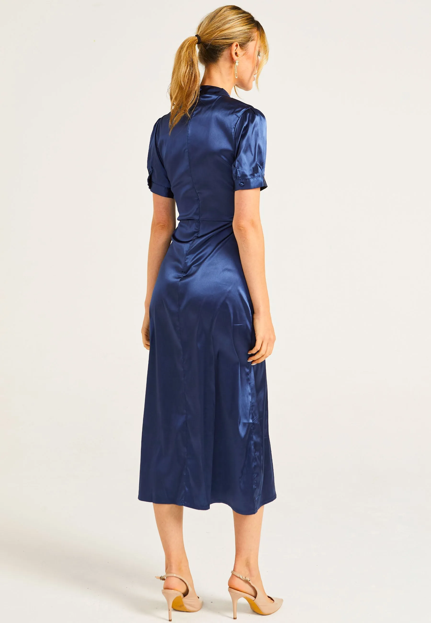 Puff Sleeve Midi Dress With Leg Slit In Navy