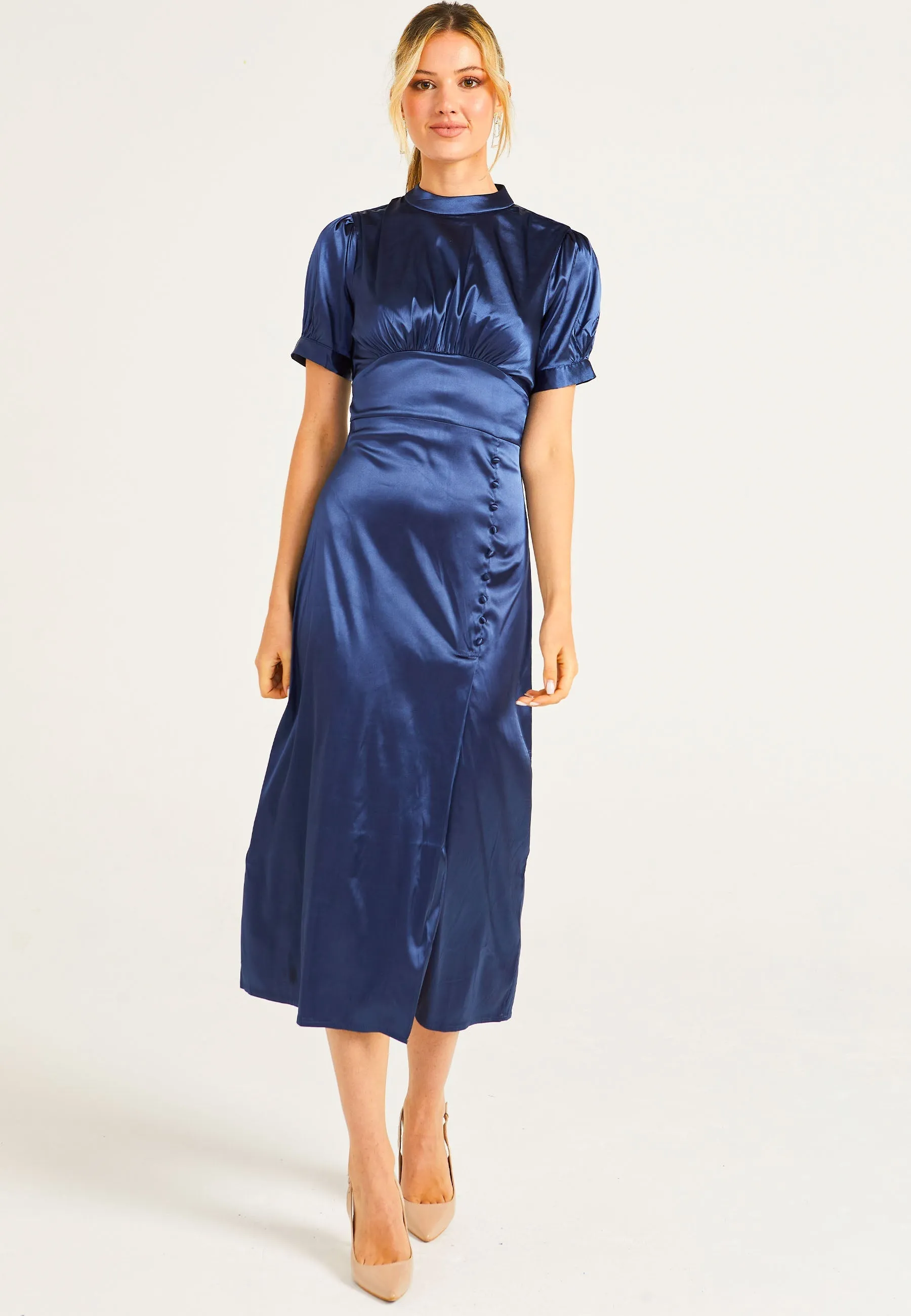 Puff Sleeve Midi Dress With Leg Slit In Navy