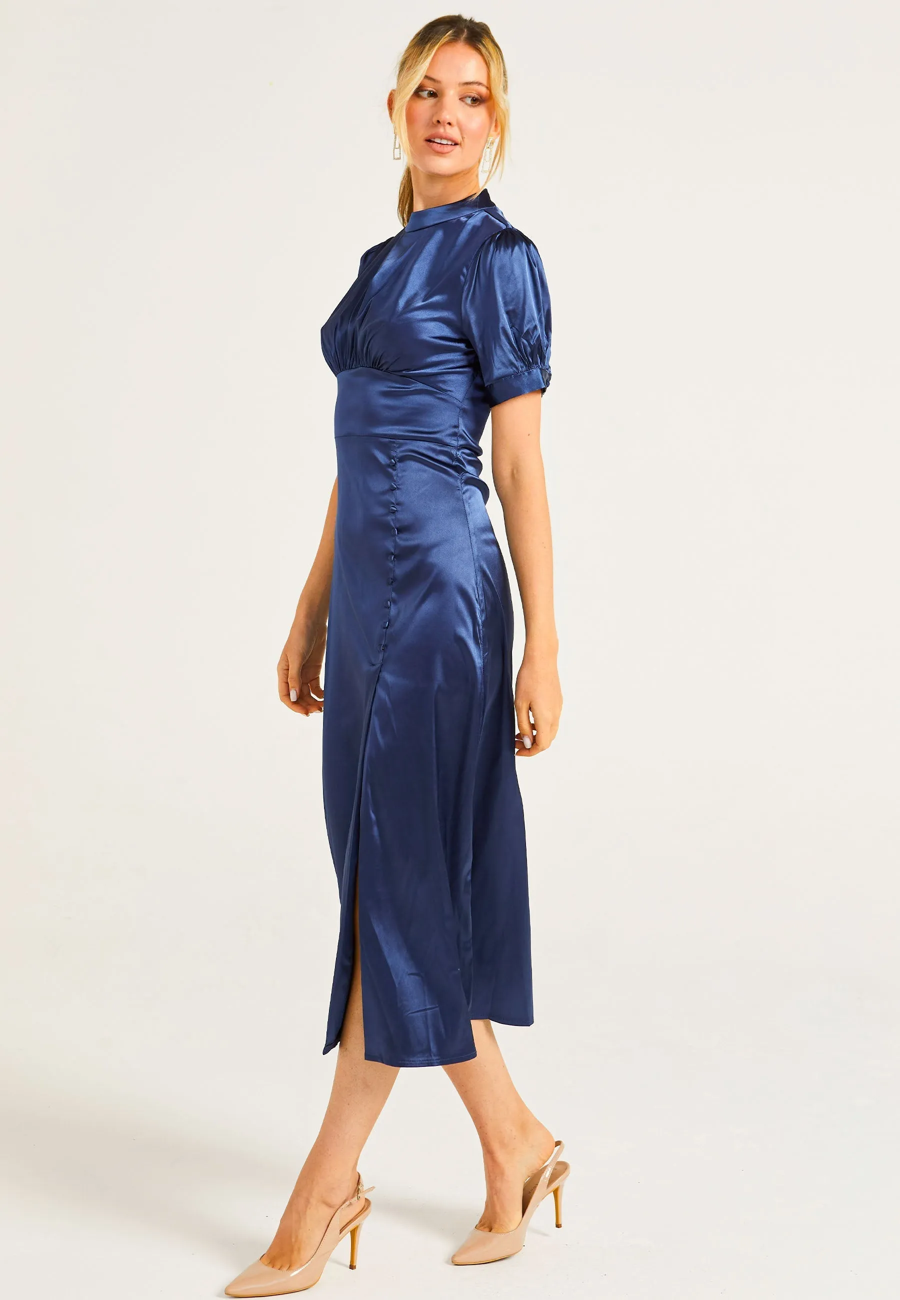 Puff Sleeve Midi Dress With Leg Slit In Navy