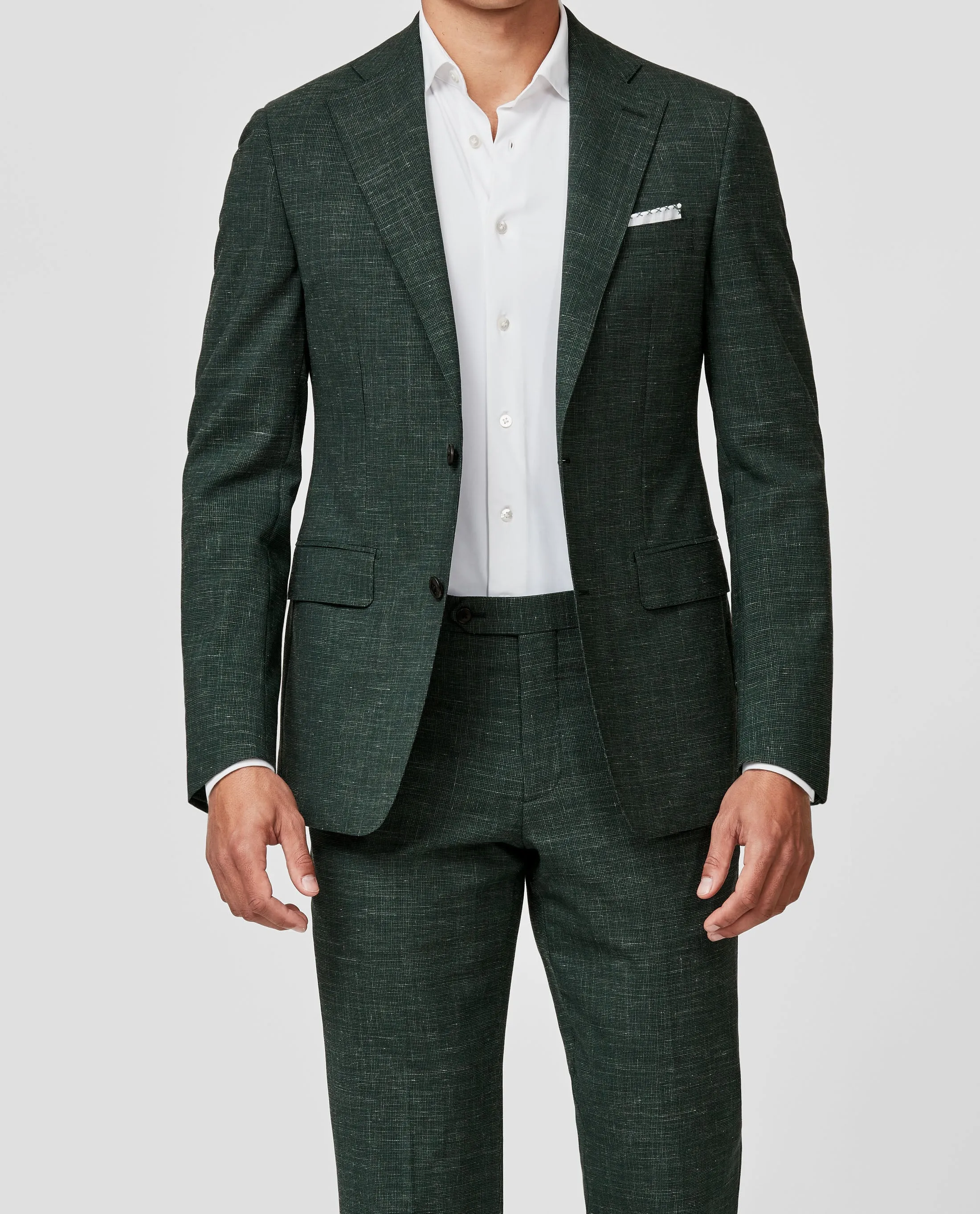 Reda Deep Green Stretch Jaspé Wool & Linen Houndstooth
