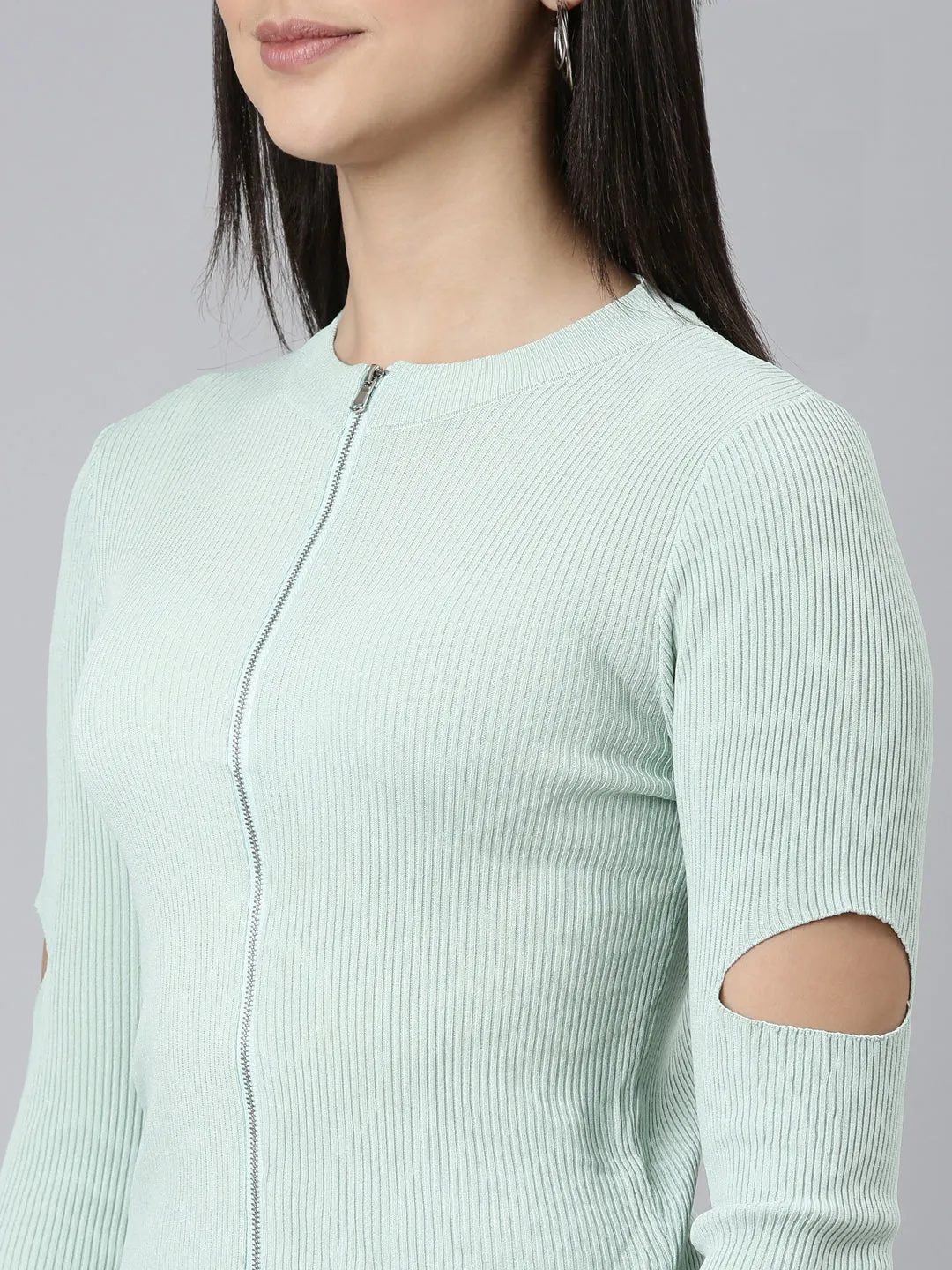Round Neck Solid Regular Sea Green Top
