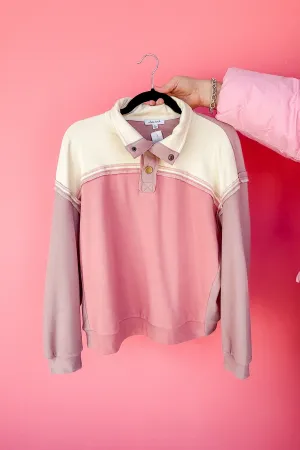 Soft Fleece Color Block Snap Button Collar Pullover