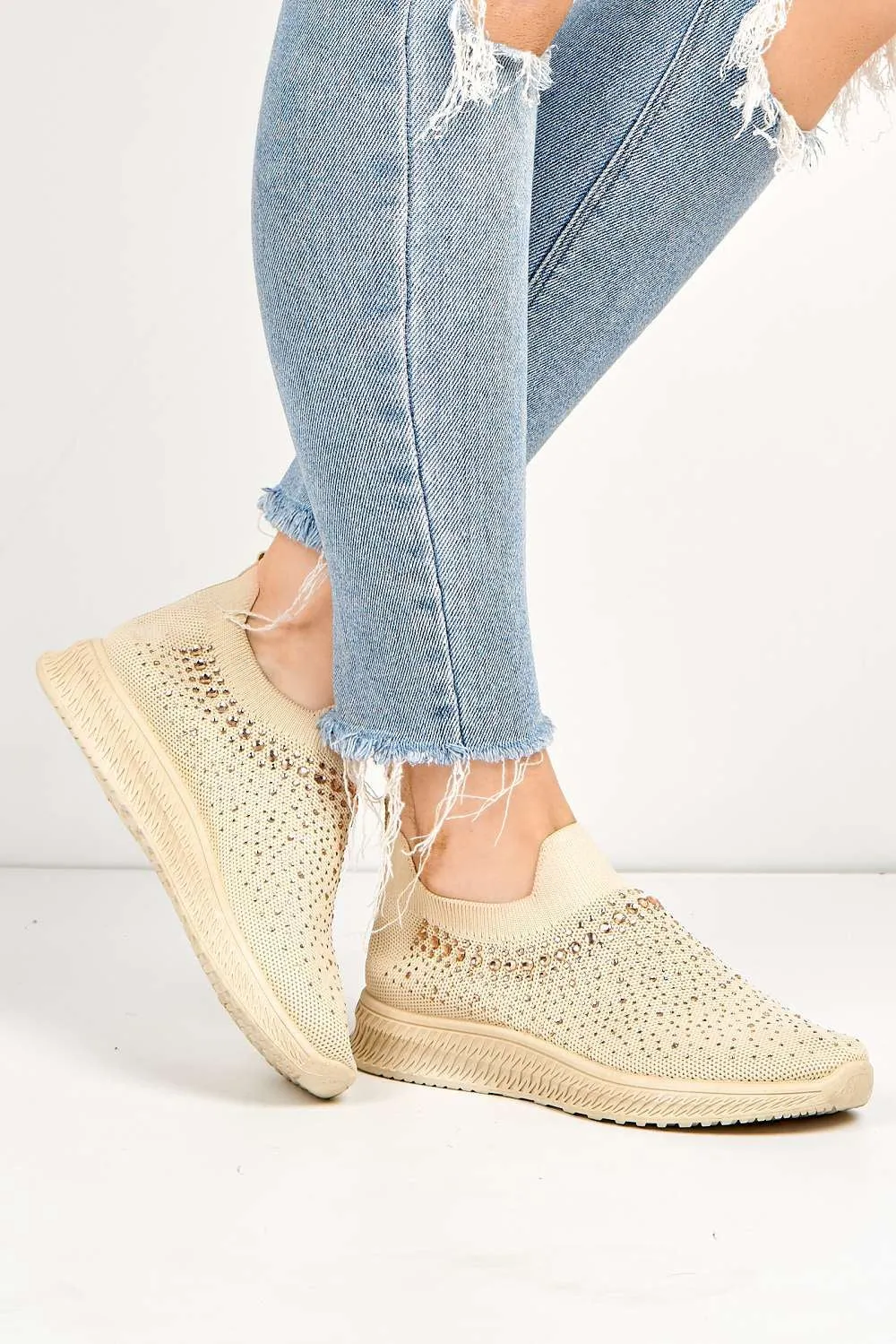 Stilla Diamante Embellished Slip-on Trainer in Beige