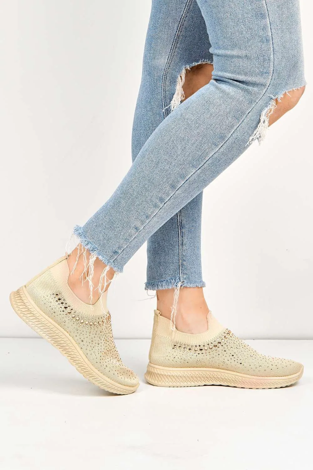 Stilla Diamante Embellished Slip-on Trainer in Beige