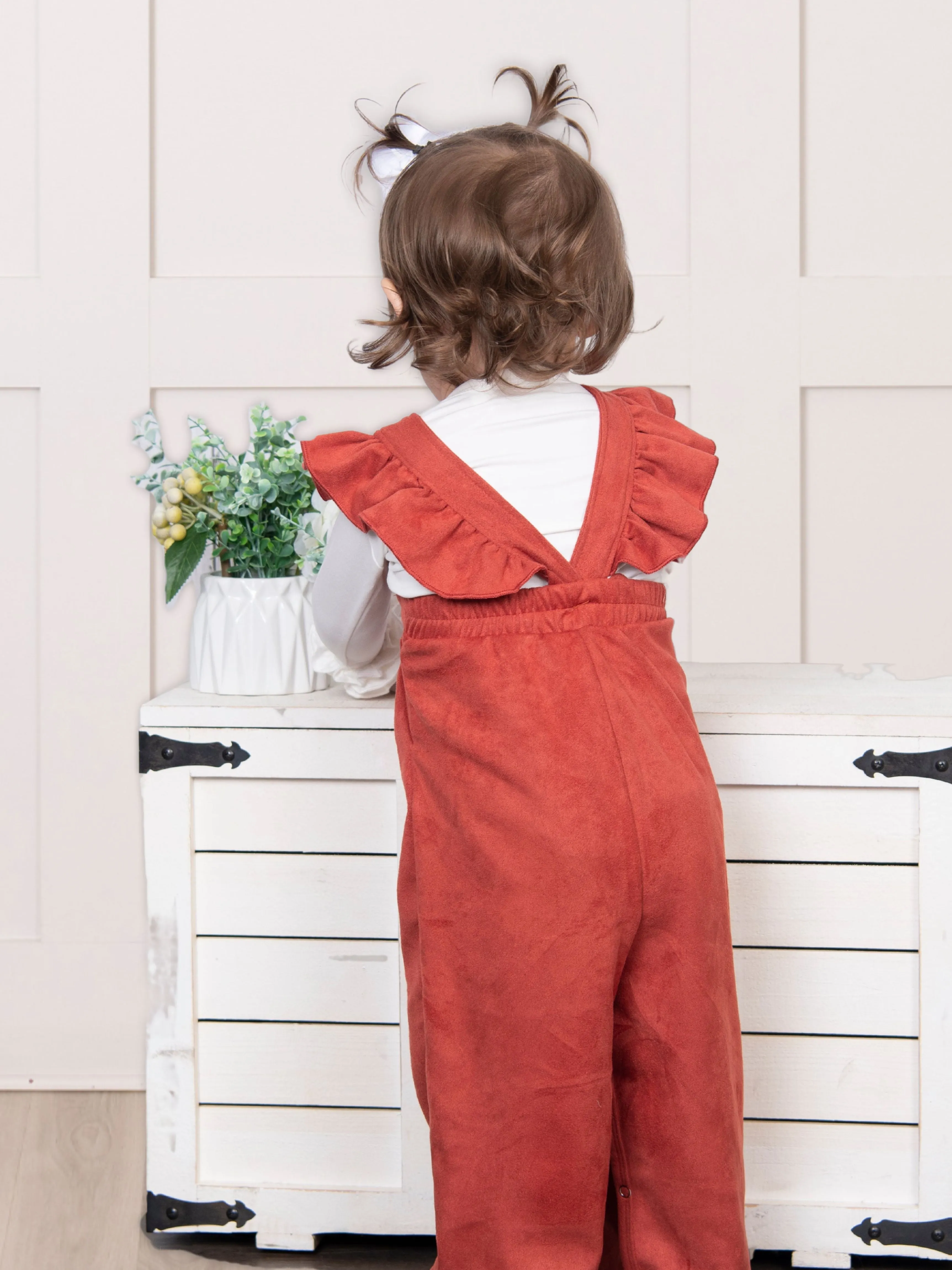 Suede Ruffle Cross Back Button Romper - Multiple Colors