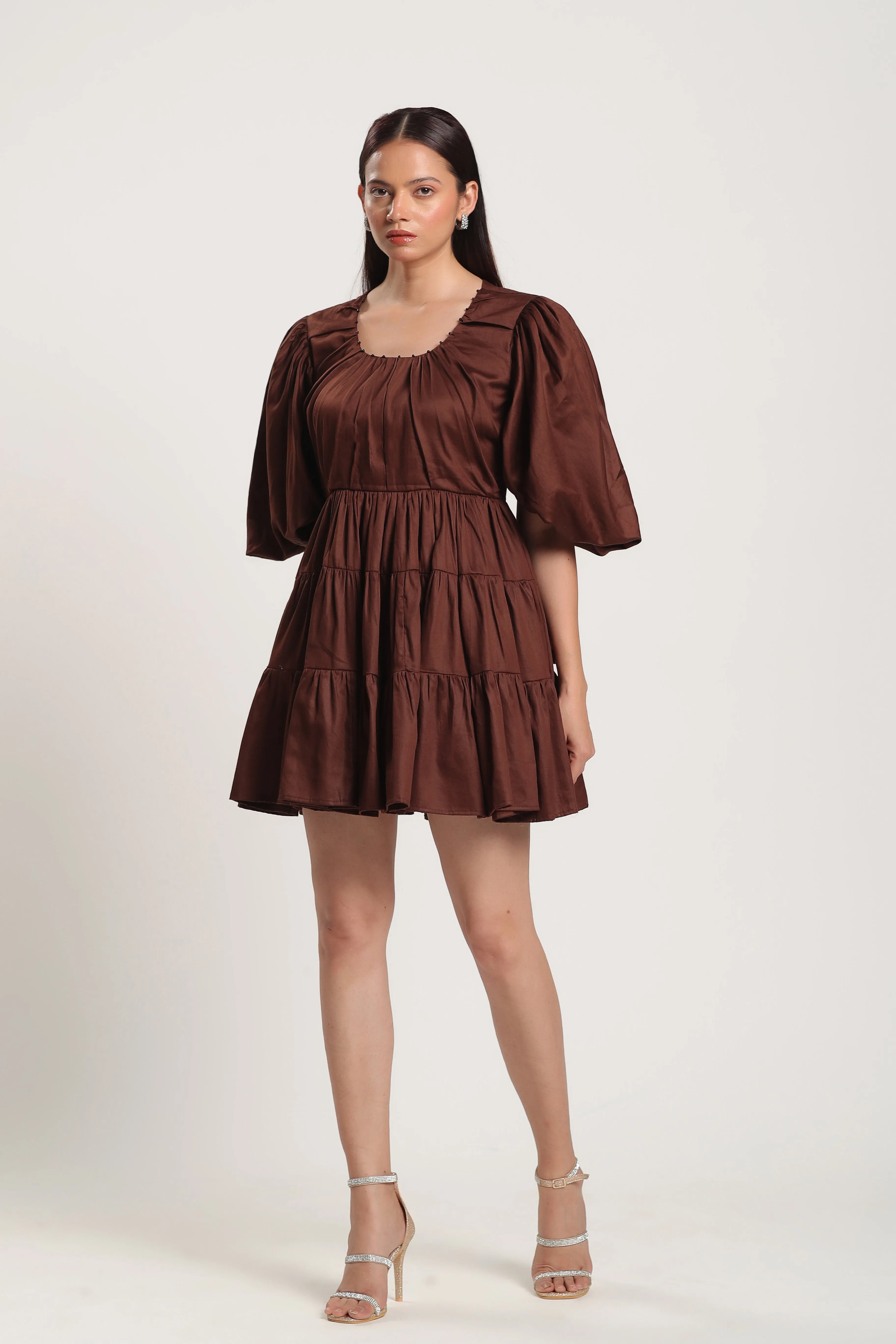 TALIA PUFF SLEEVE BROWN MINI DRESS