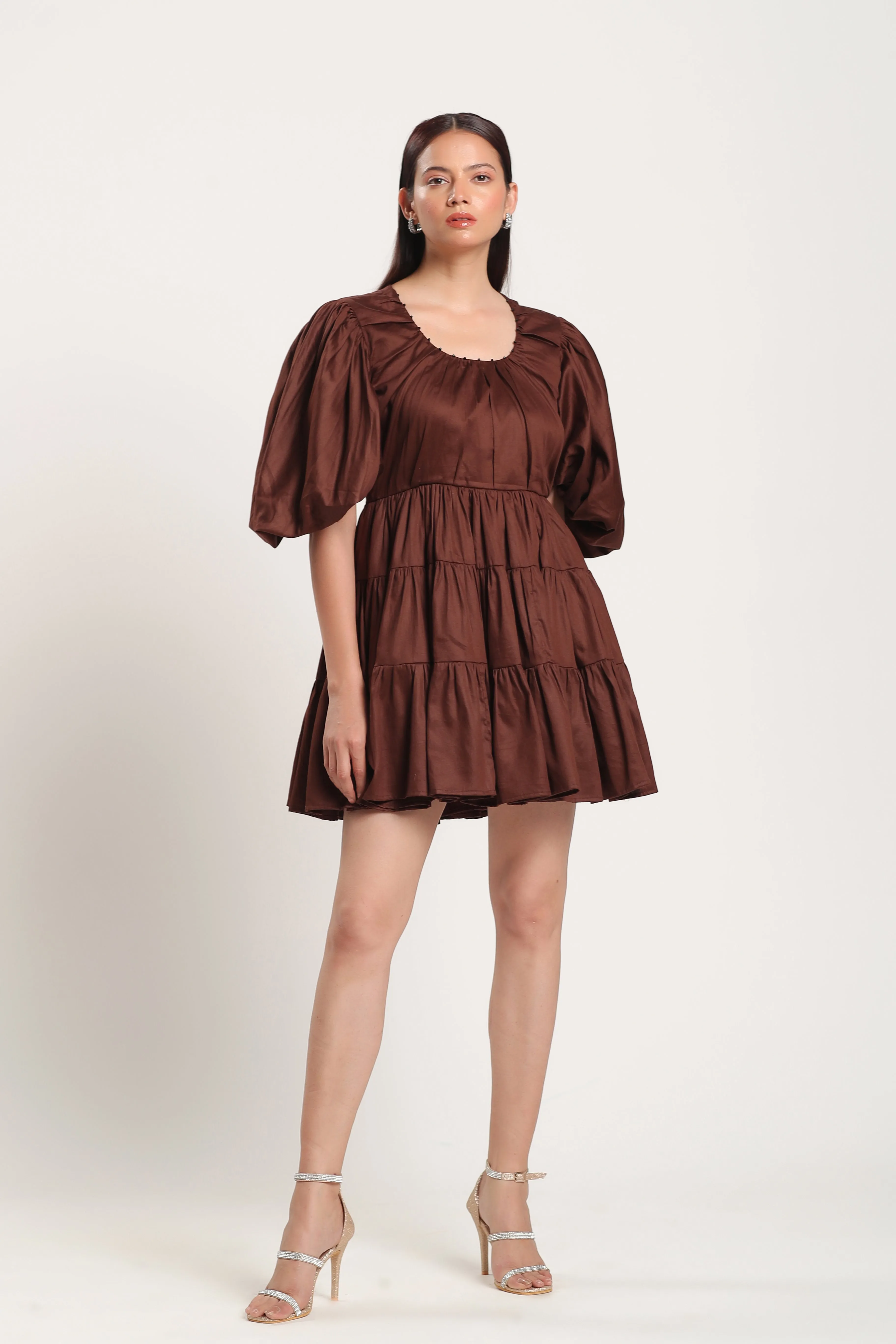 TALIA PUFF SLEEVE BROWN MINI DRESS