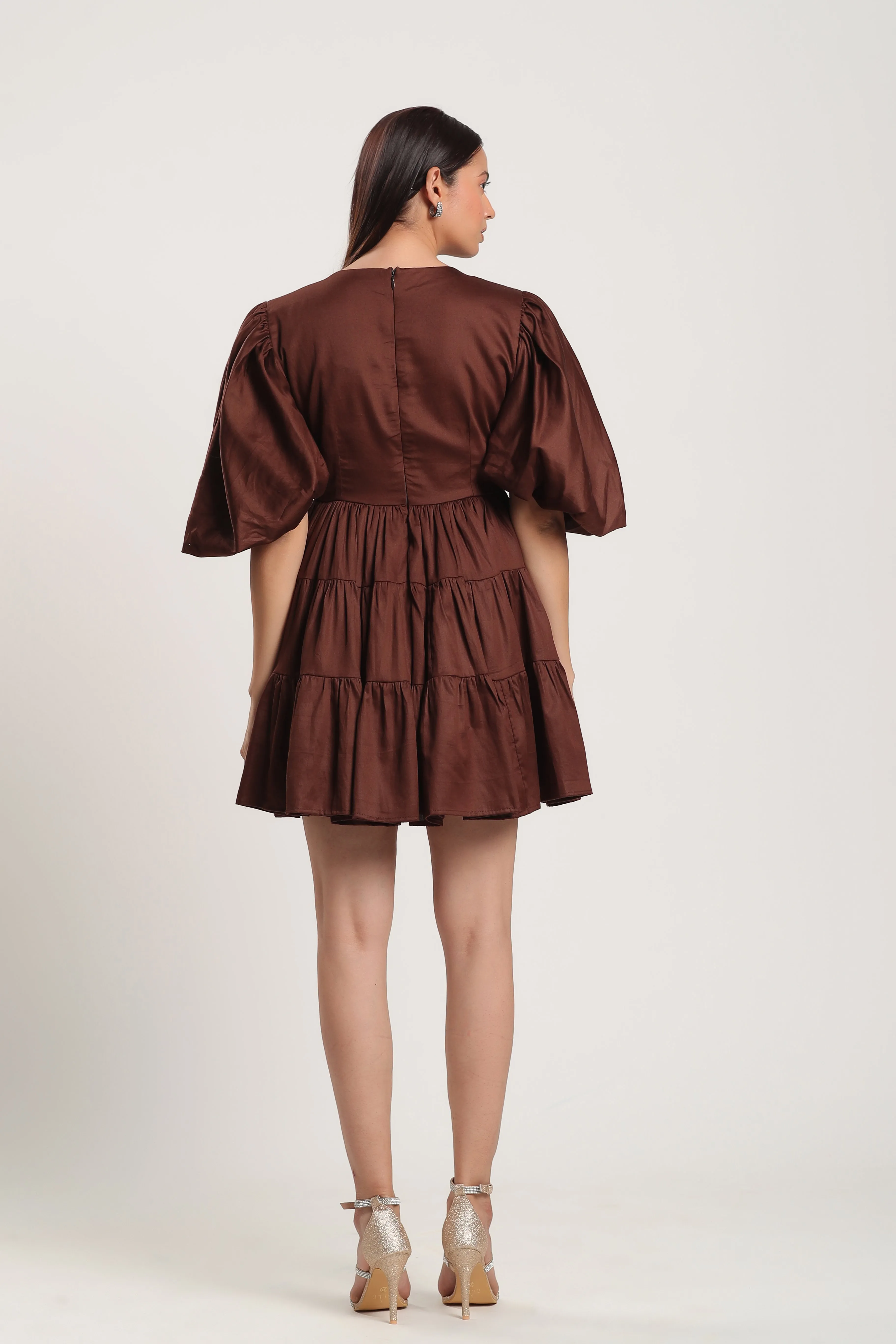 TALIA PUFF SLEEVE BROWN MINI DRESS