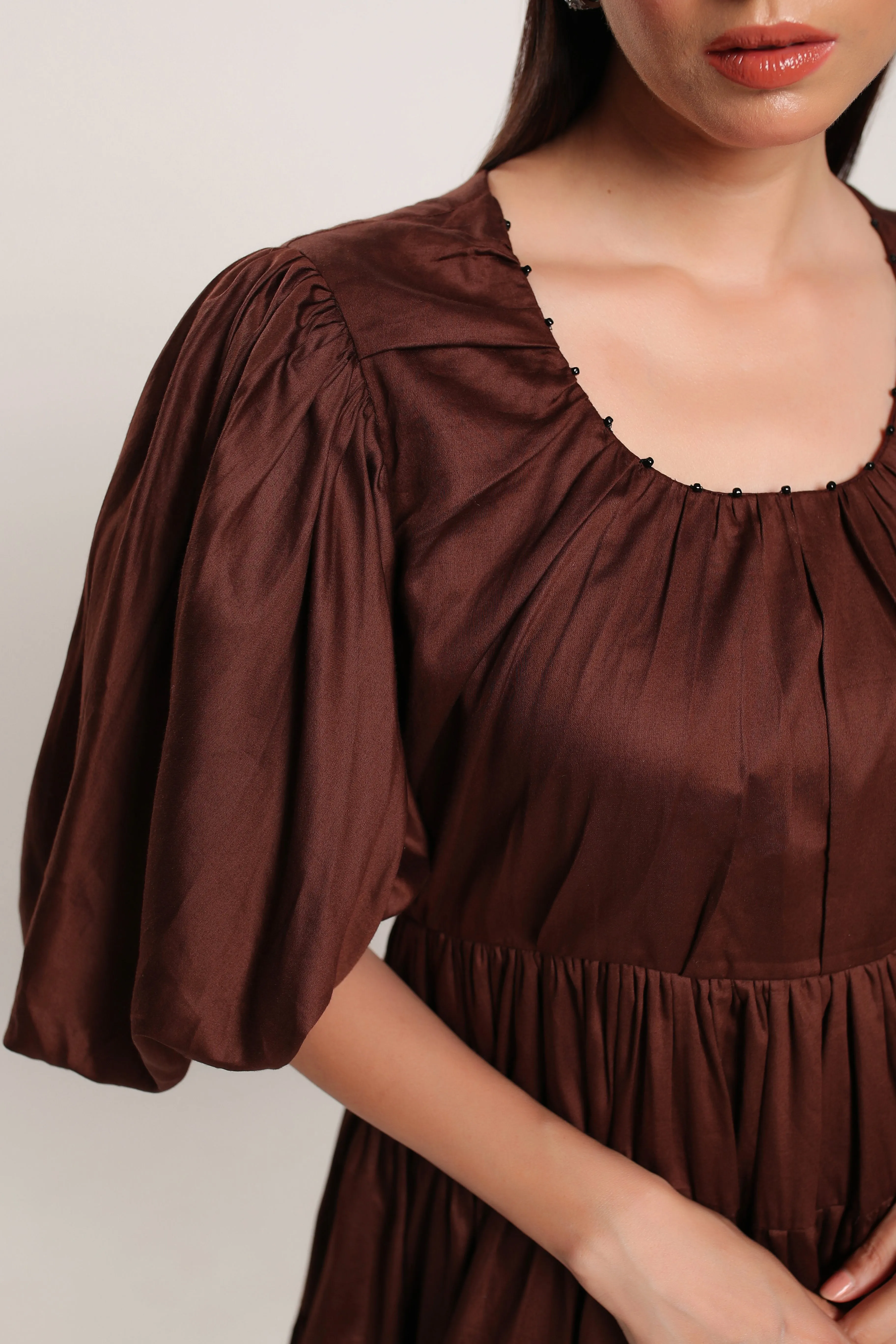 TALIA PUFF SLEEVE BROWN MINI DRESS