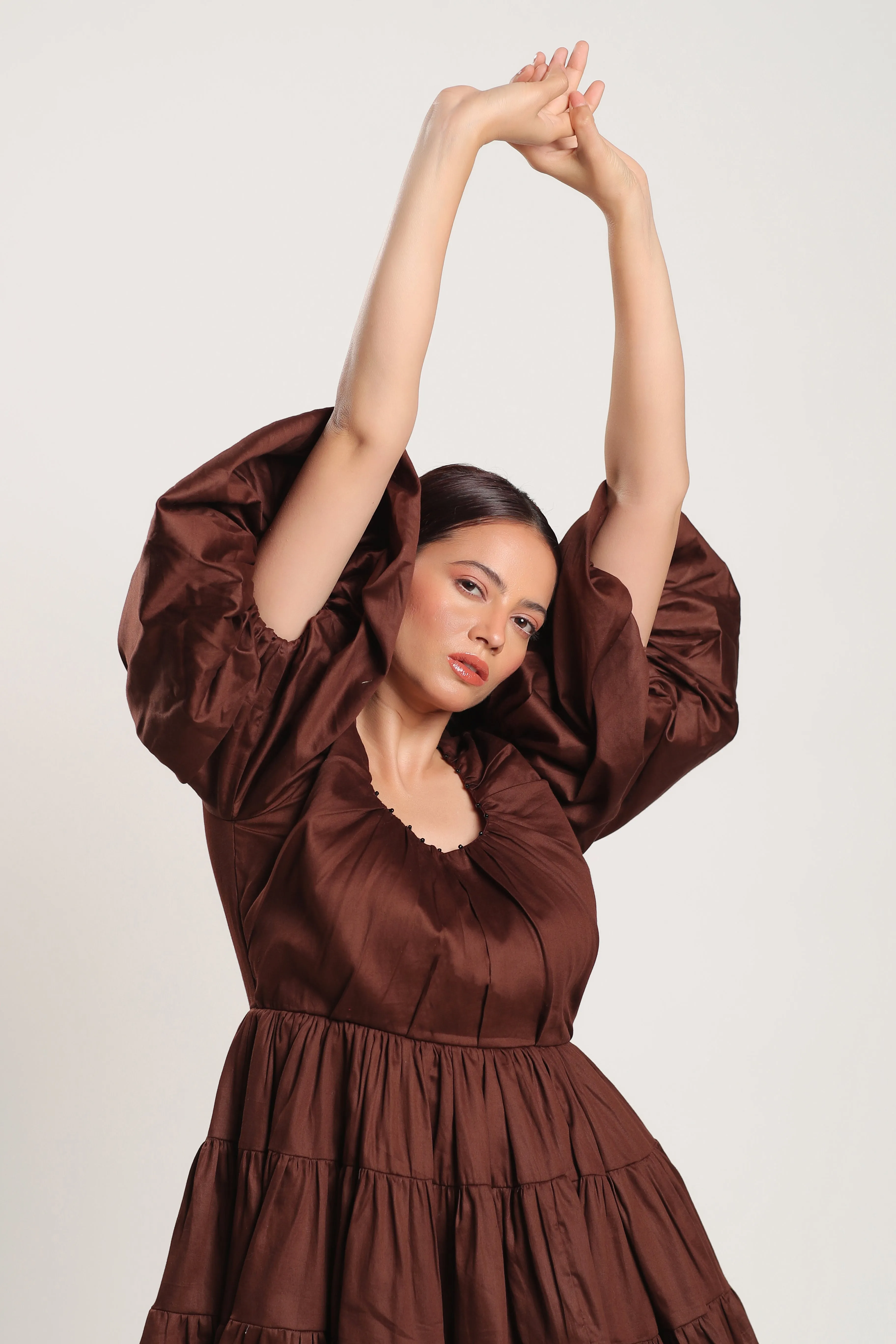 TALIA PUFF SLEEVE BROWN MINI DRESS