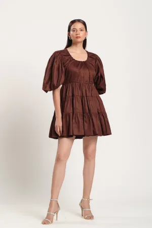 TALIA PUFF SLEEVE BROWN MINI DRESS