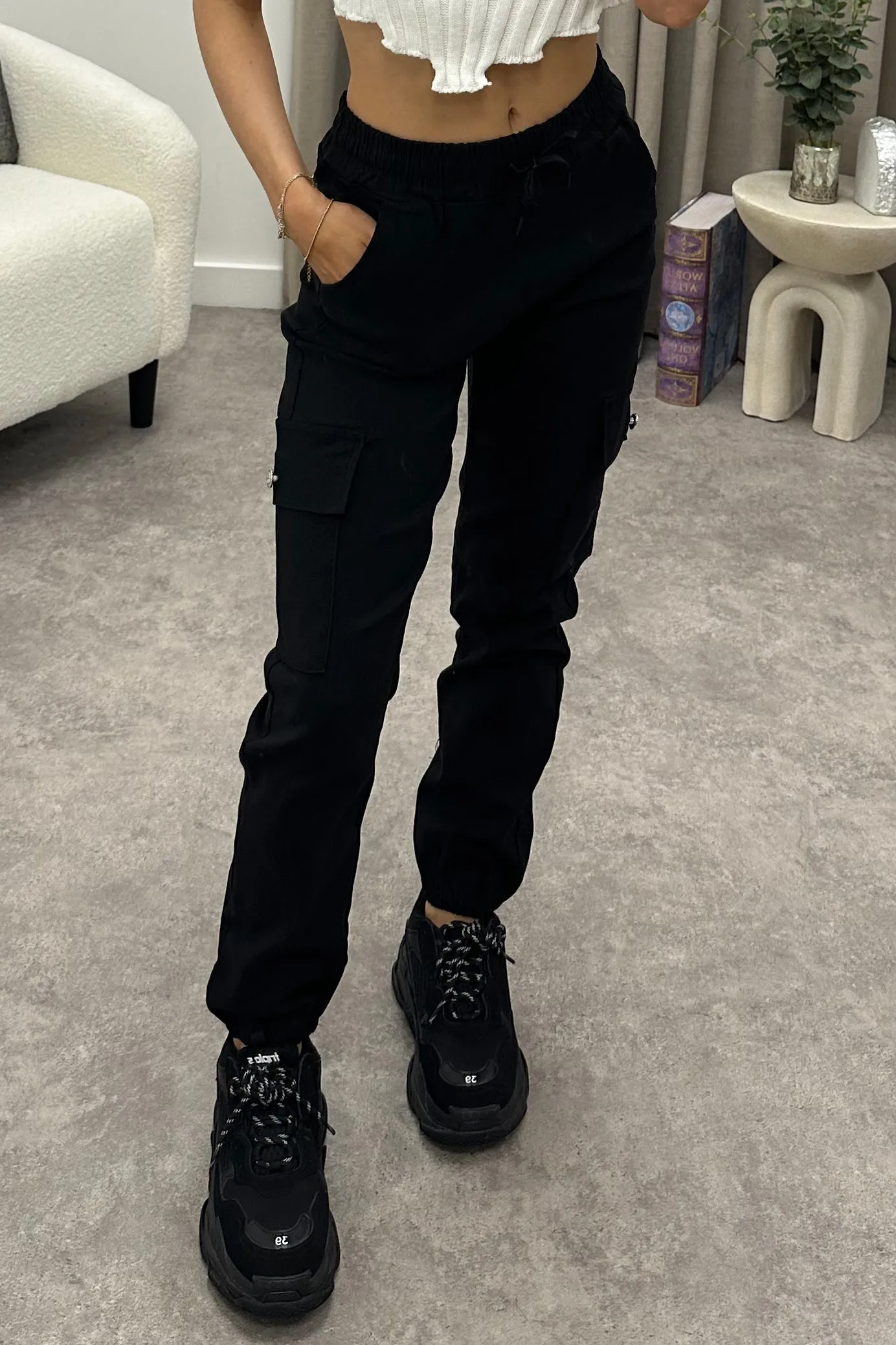 Talina Black Pocket Detail Drawstring Cargo Trousers