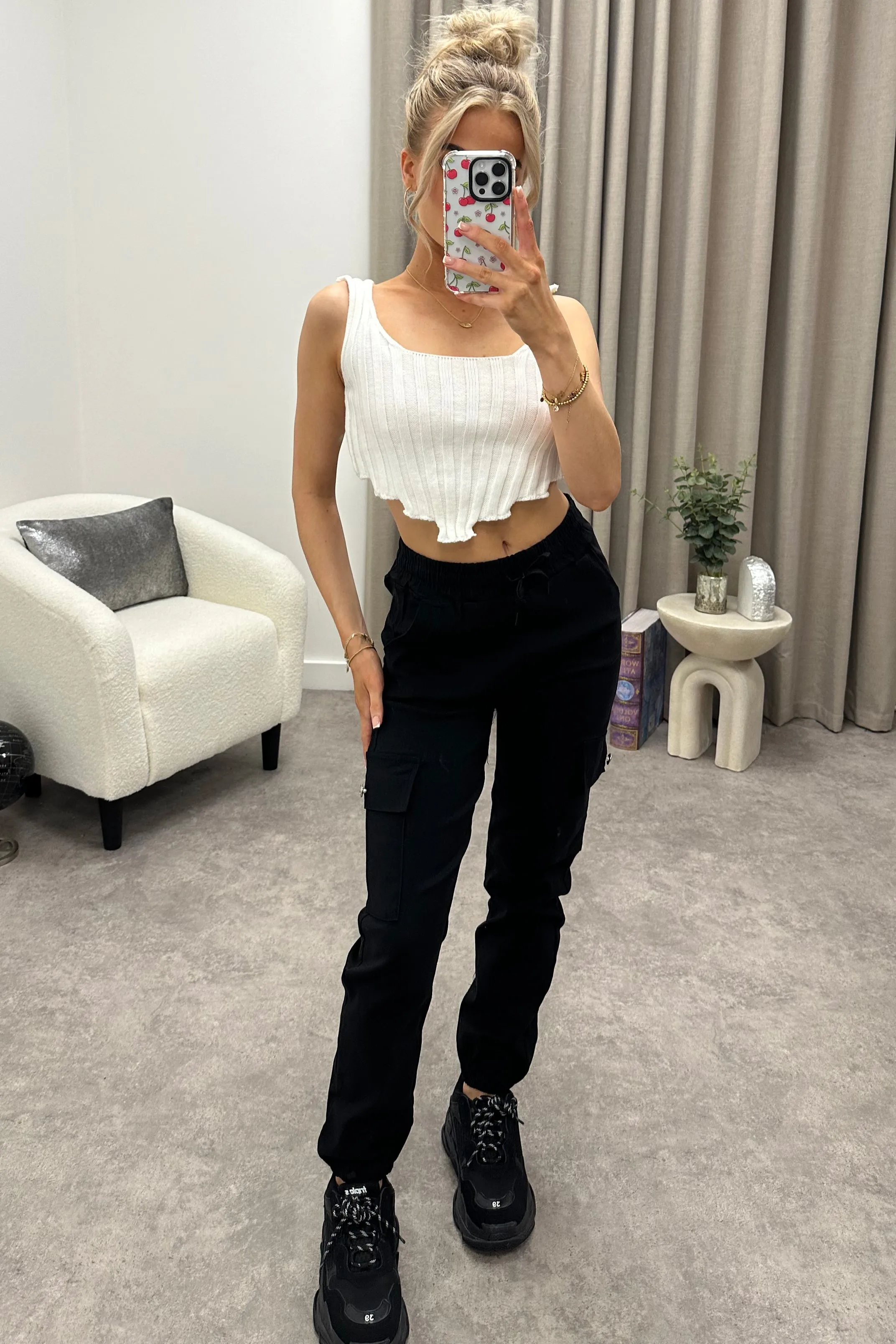 Talina Black Pocket Detail Drawstring Cargo Trousers