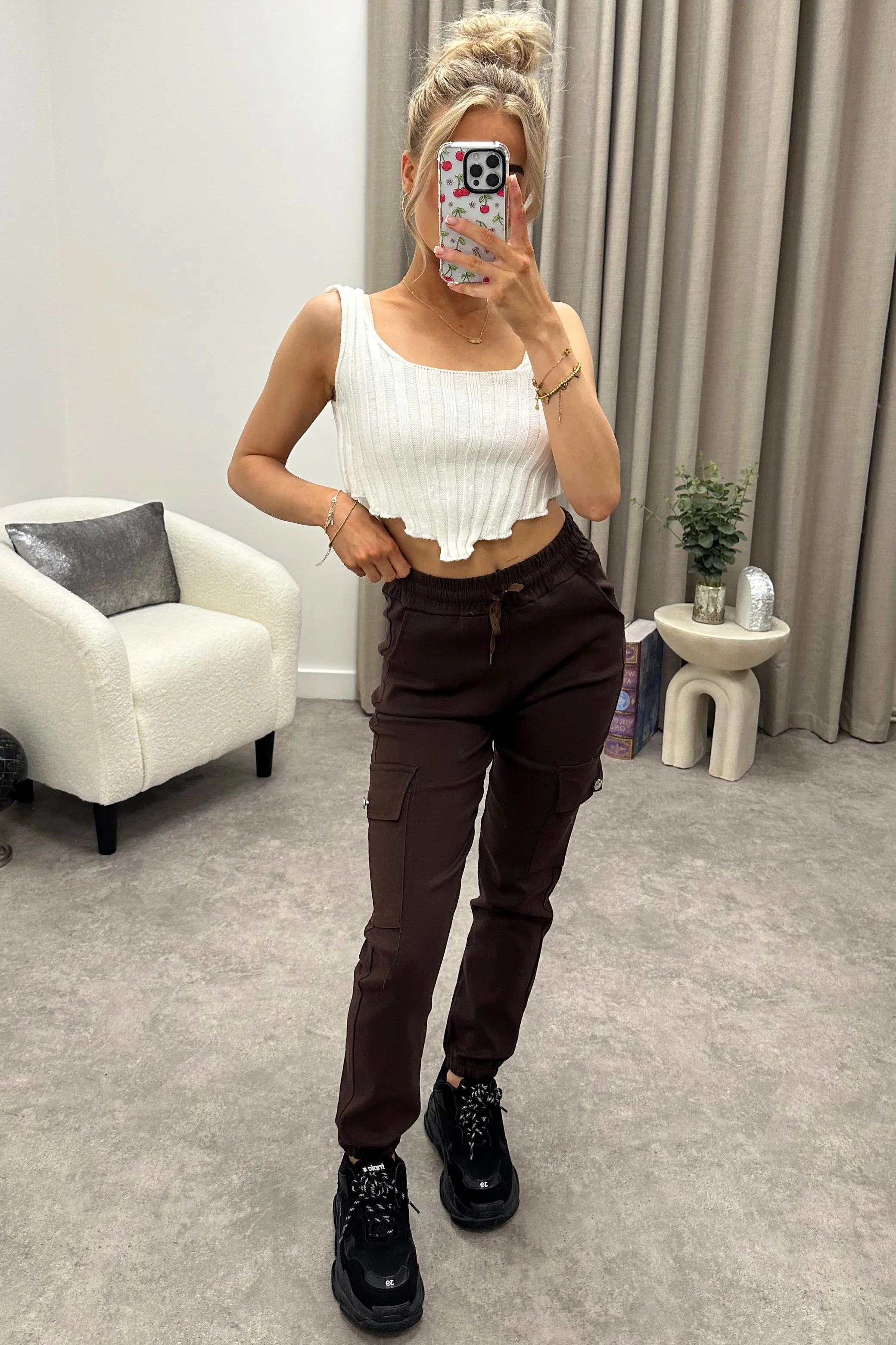 Talina Brown Pocket Detail Drawstring Cargo Trousers