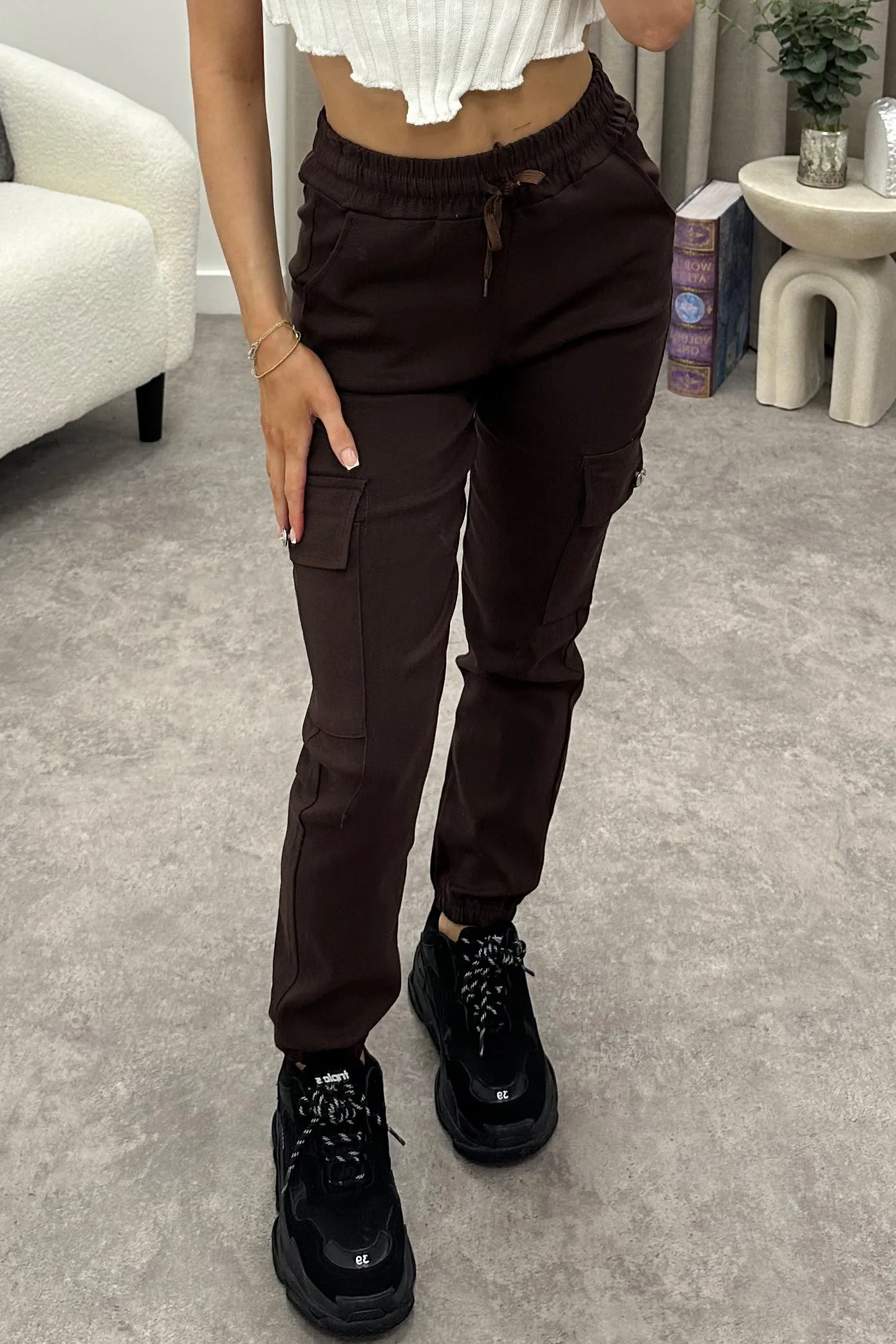 Talina Brown Pocket Detail Drawstring Cargo Trousers