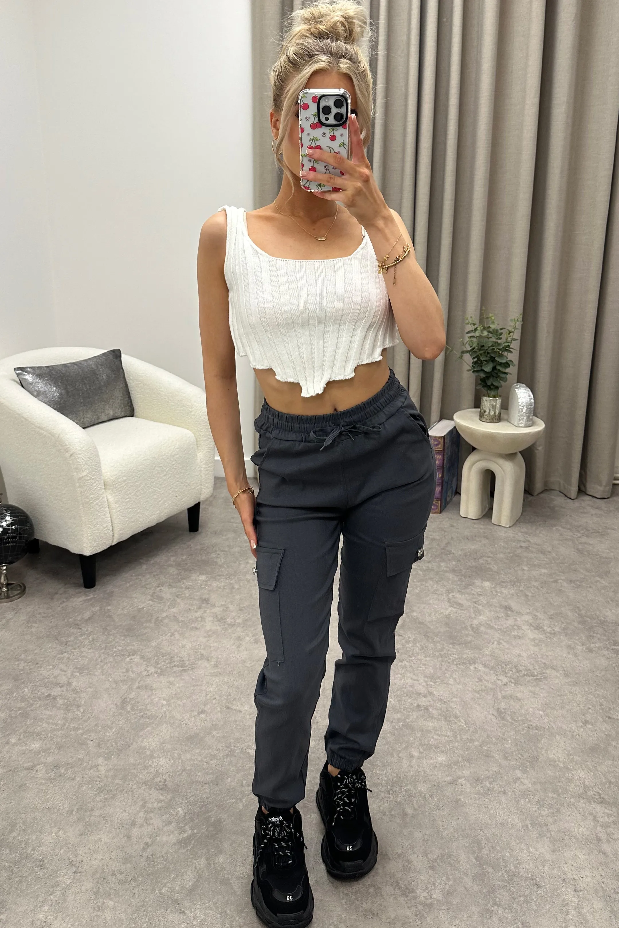 Talina Grey Pocket Detail Drawstring Cargo Trousers