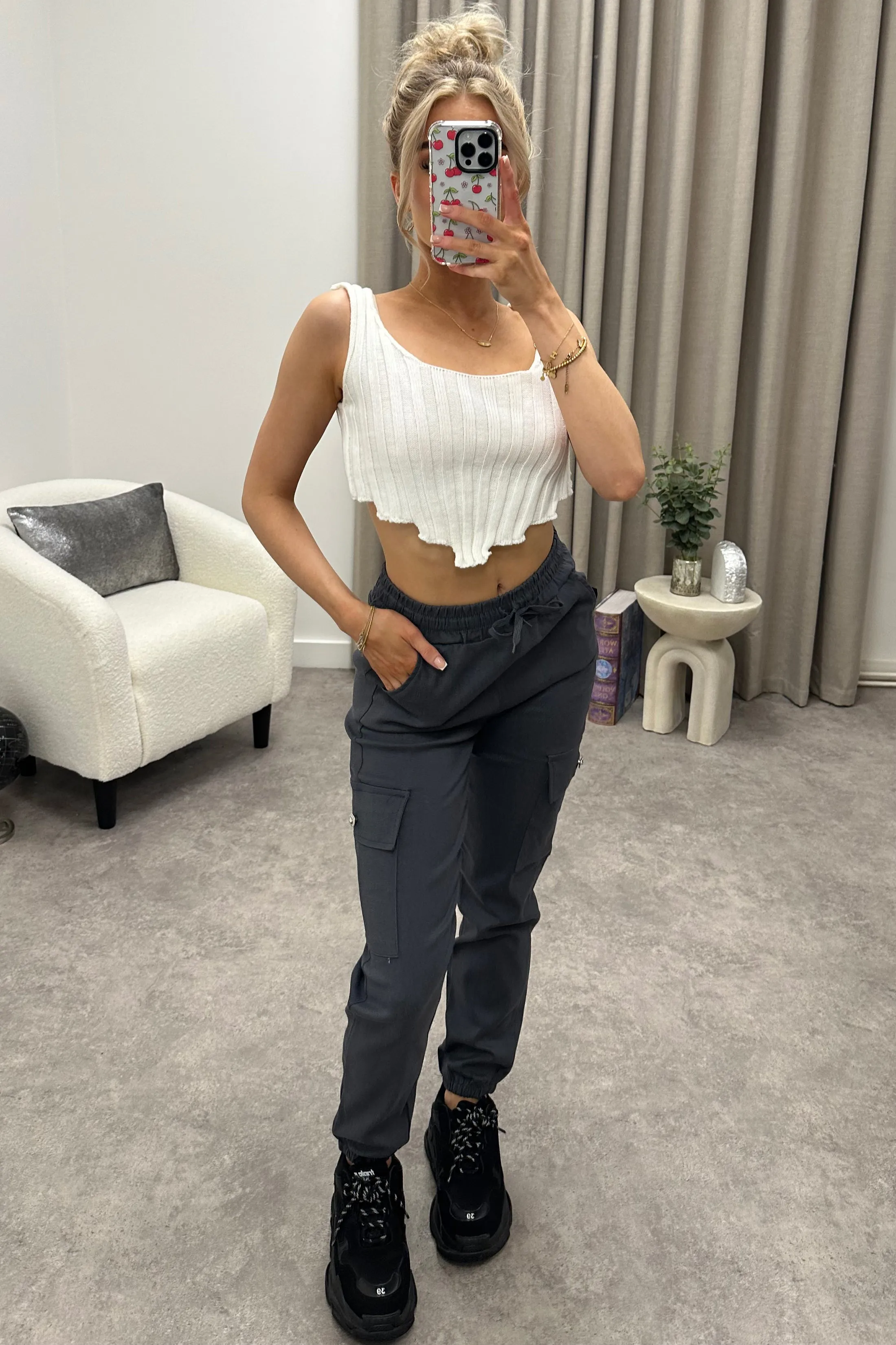 Talina Grey Pocket Detail Drawstring Cargo Trousers