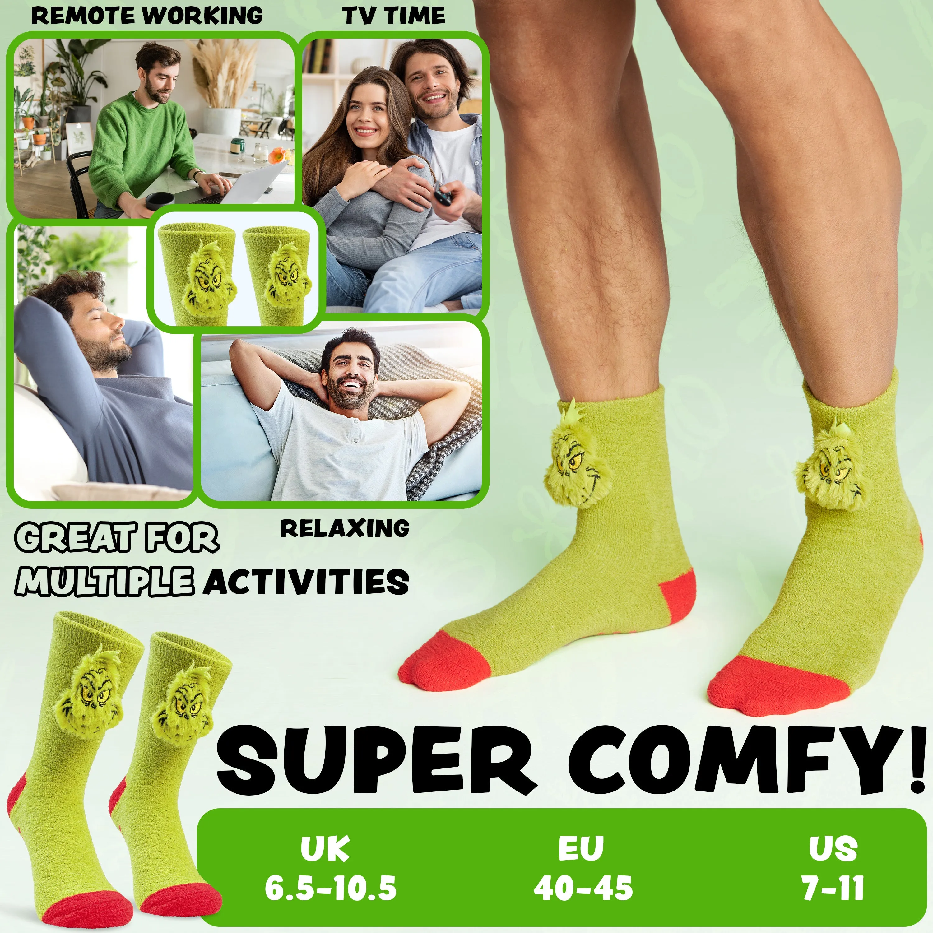 The Grinch Men's Fluffy Slipper Socks, Non-Slip - Gifts for Him