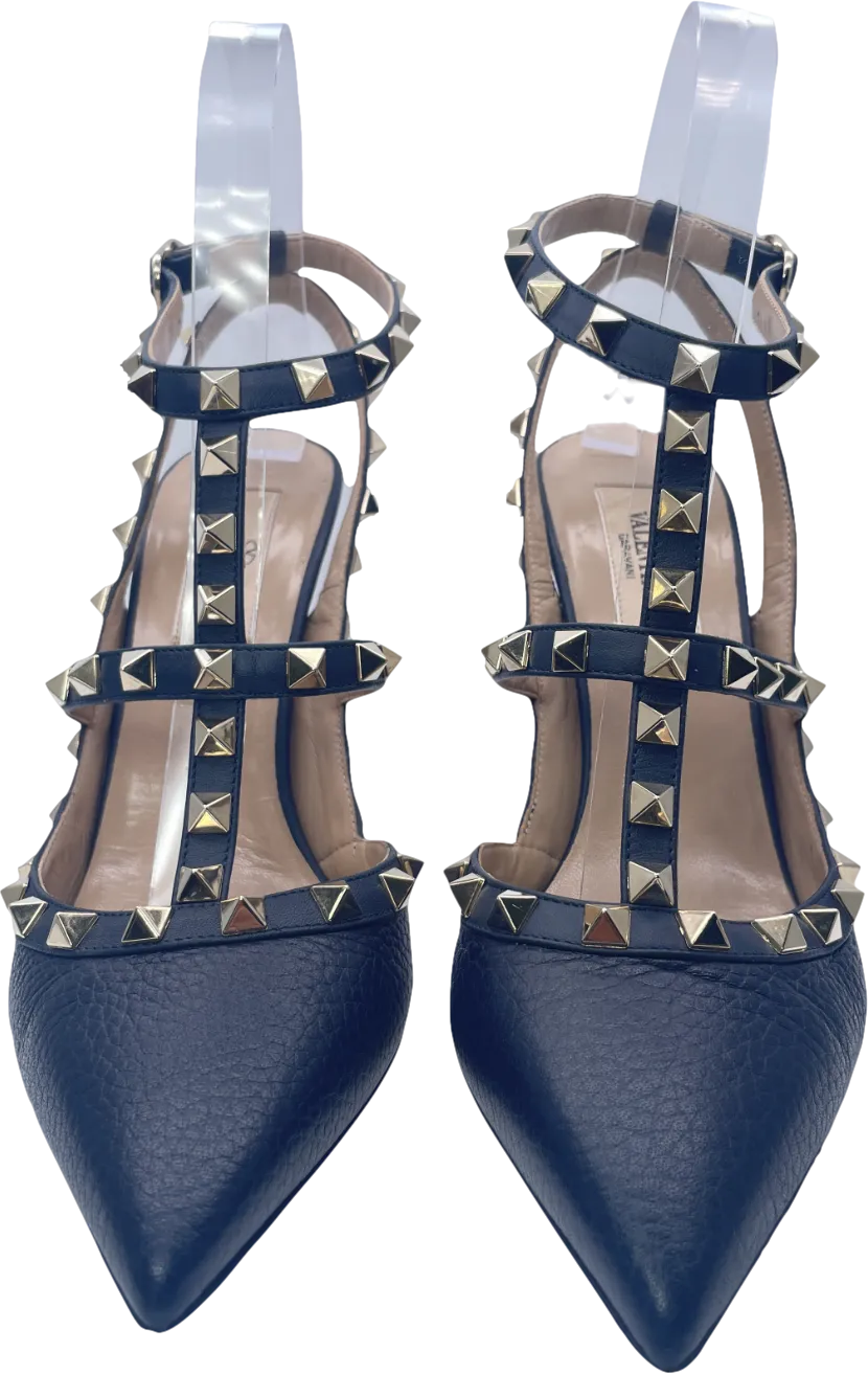 Valentino Garavani Navy Blue Rockstud Grainy Calfskin Ankle Strap Pump 100 Mm UK 4 EU 37 