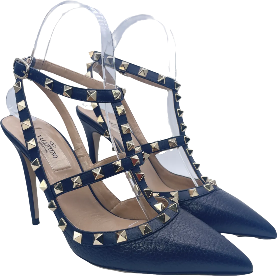 Valentino Garavani Navy Blue Rockstud Grainy Calfskin Ankle Strap Pump 100 Mm UK 4 EU 37 