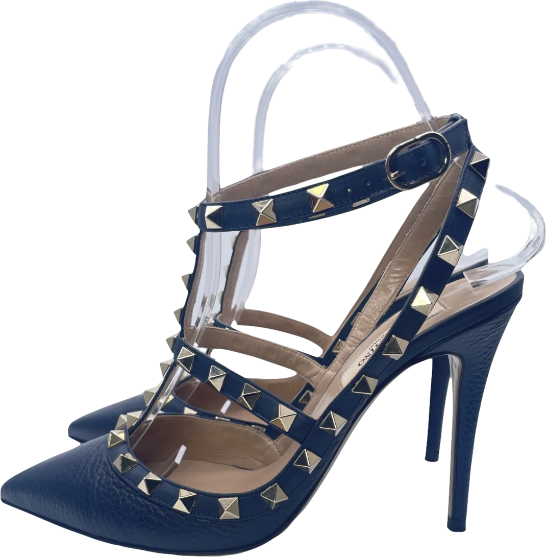 Valentino Garavani Navy Blue Rockstud Grainy Calfskin Ankle Strap Pump 100 Mm UK 4 EU 37 