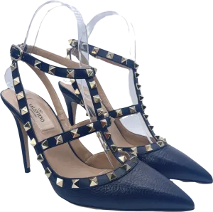 Valentino Garavani Navy Blue Rockstud Grainy Calfskin Ankle Strap Pump 100 Mm UK 4 EU 37 