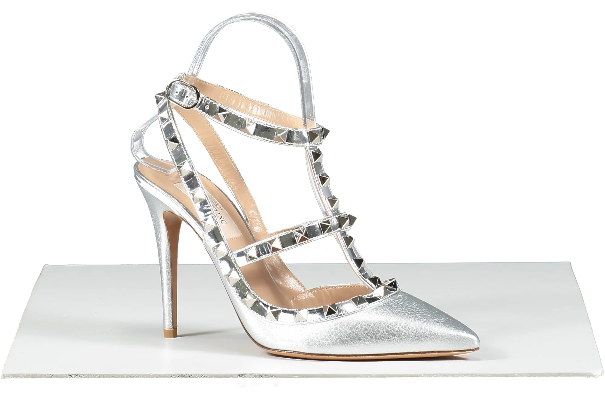 Valentino Garavani Silver Rockstud Metallic Ankle Strap Pump 100 Mm UK 4 EU 37 