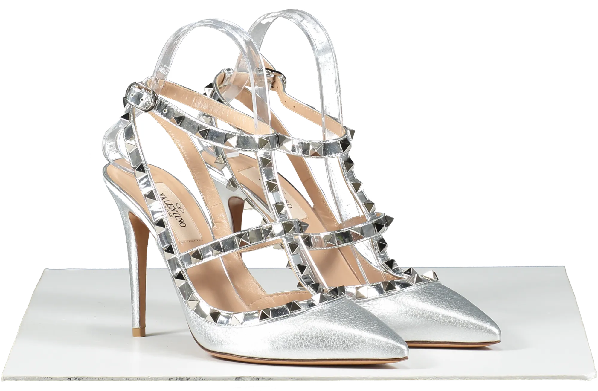 Valentino Garavani Silver Rockstud Metallic Ankle Strap Pump 100 Mm UK 4 EU 37 