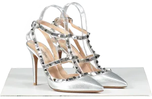 Valentino Garavani Silver Rockstud Metallic Ankle Strap Pump 100 Mm UK 4 EU 37 