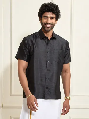 VASTRAMAY Men's Black Silk Blend Ethnic Shirt