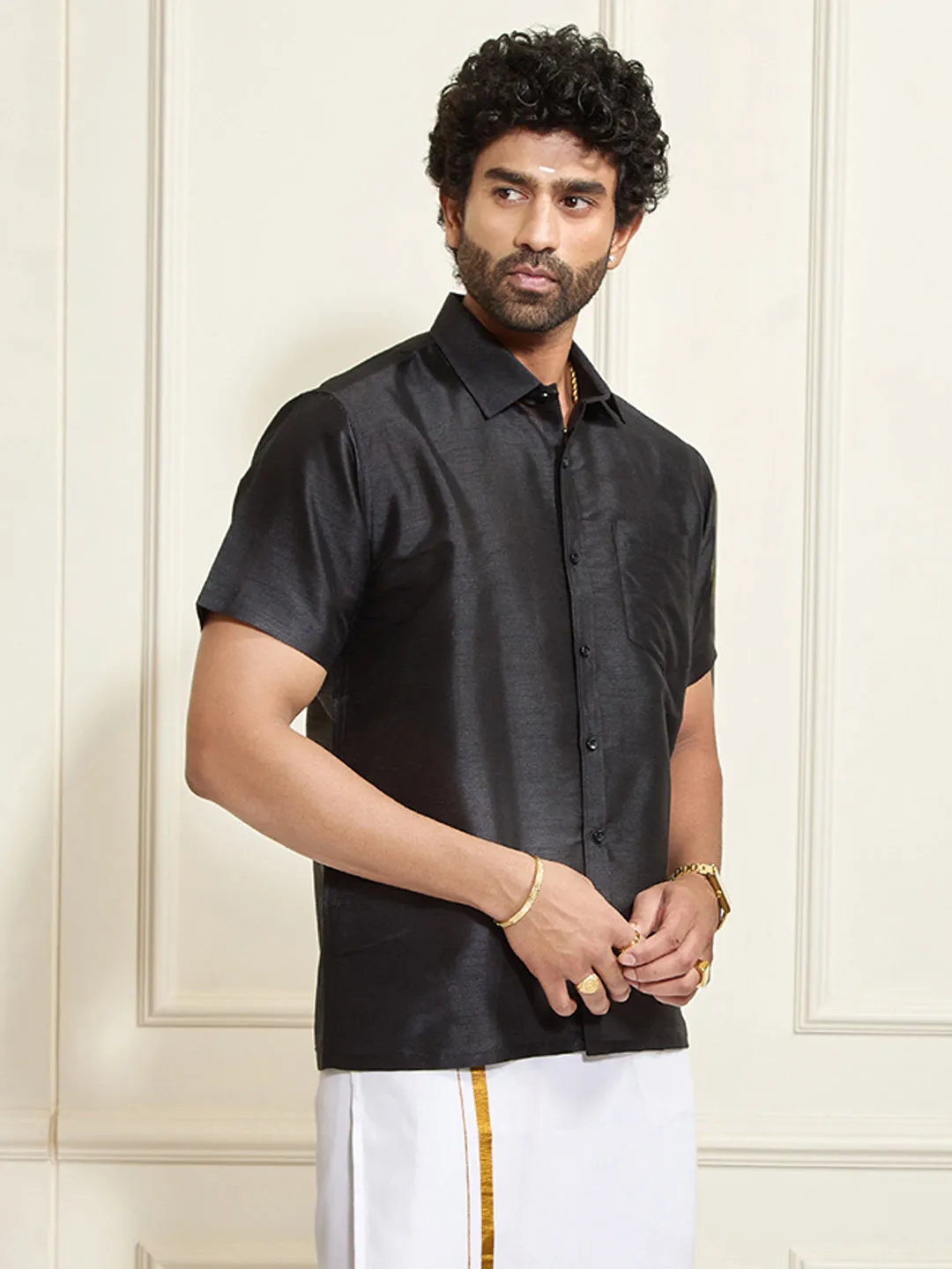 VASTRAMAY Men's Black Silk Blend Ethnic Shirt