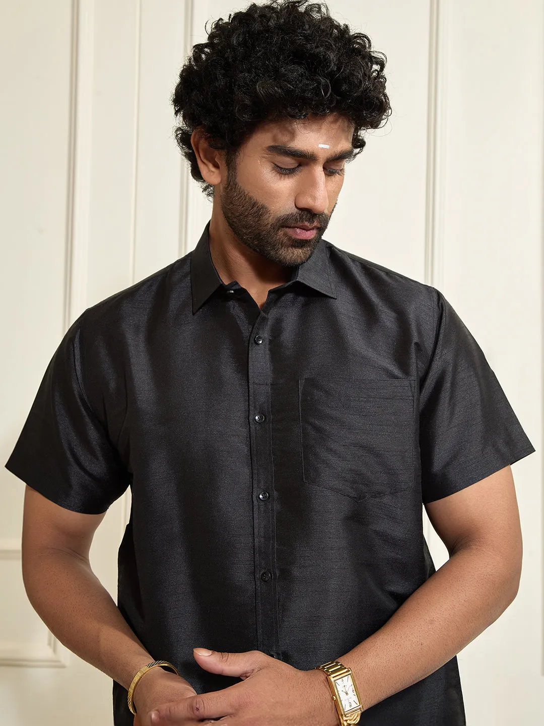 VASTRAMAY Men's Black Silk Blend Ethnic Shirt