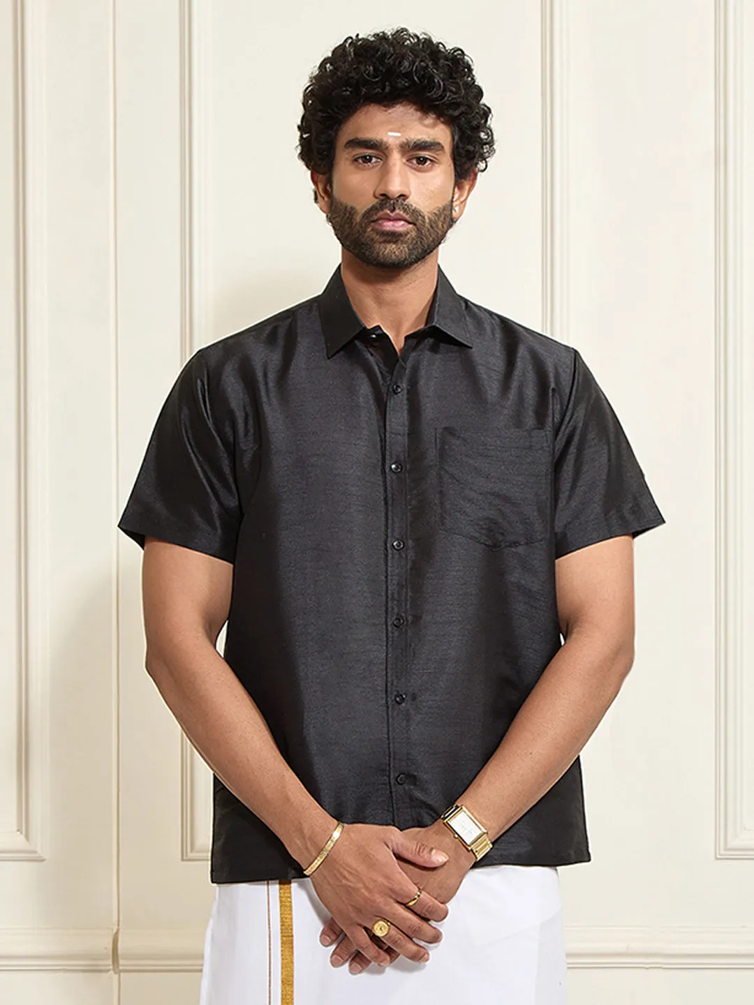 VASTRAMAY Men's Black Silk Blend Ethnic Shirt