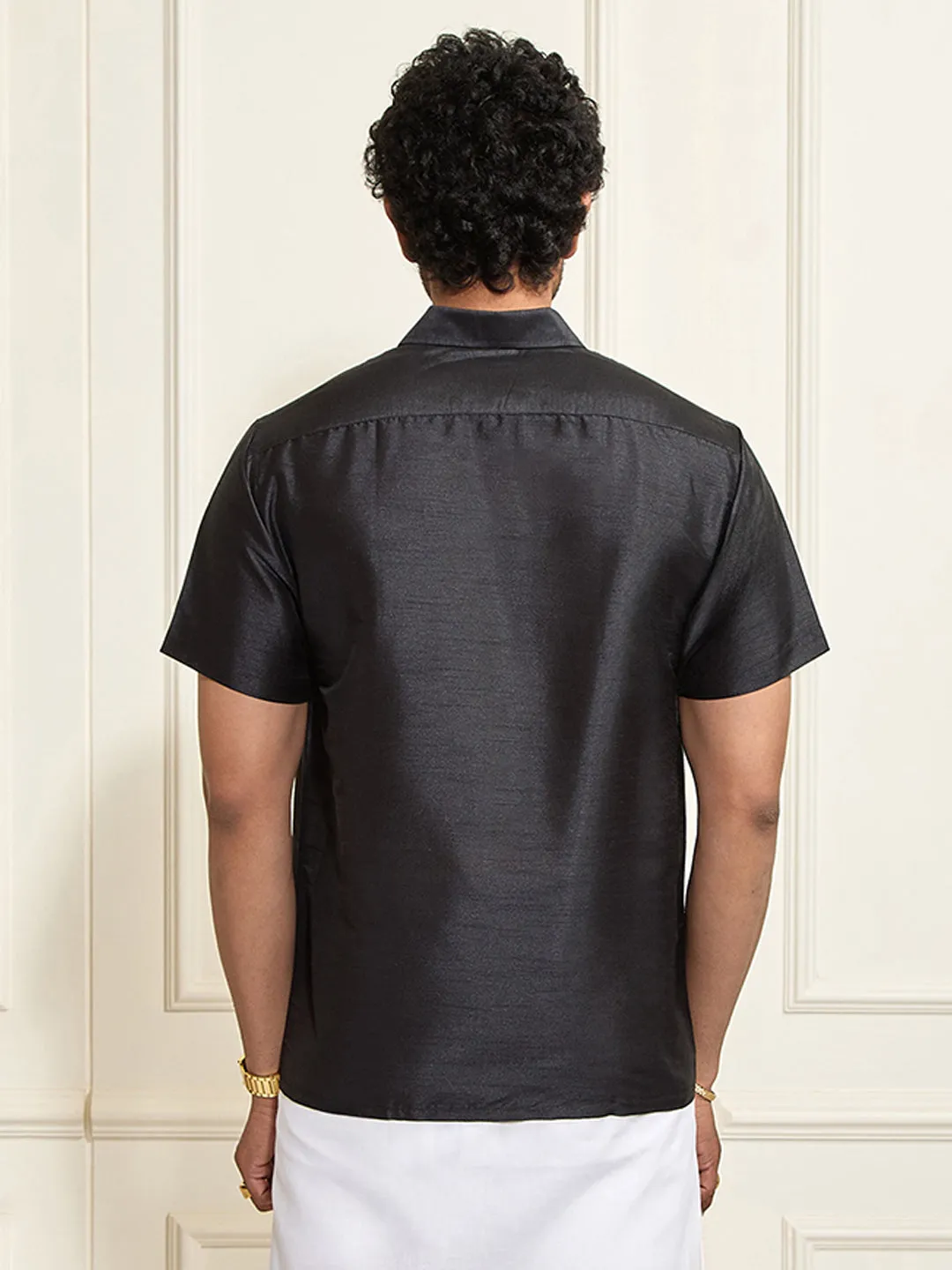 VASTRAMAY Men's Black Silk Blend Ethnic Shirt