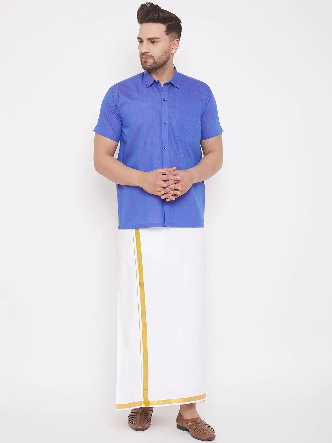 VASTRAMAY Men's Blue Cotton Blend Ethnic Shirt