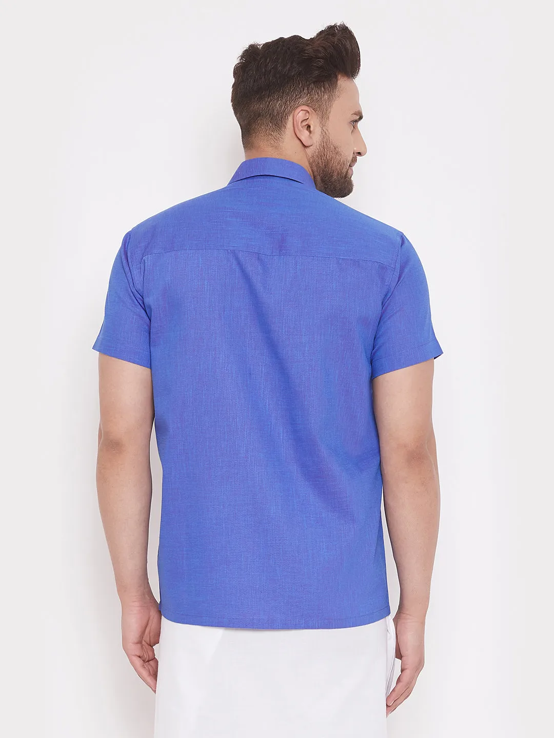 VASTRAMAY Men's Blue Cotton Blend Ethnic Shirt