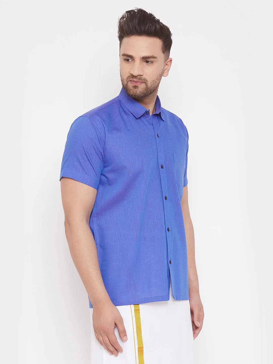 VASTRAMAY Men's Blue Cotton Blend Ethnic Shirt