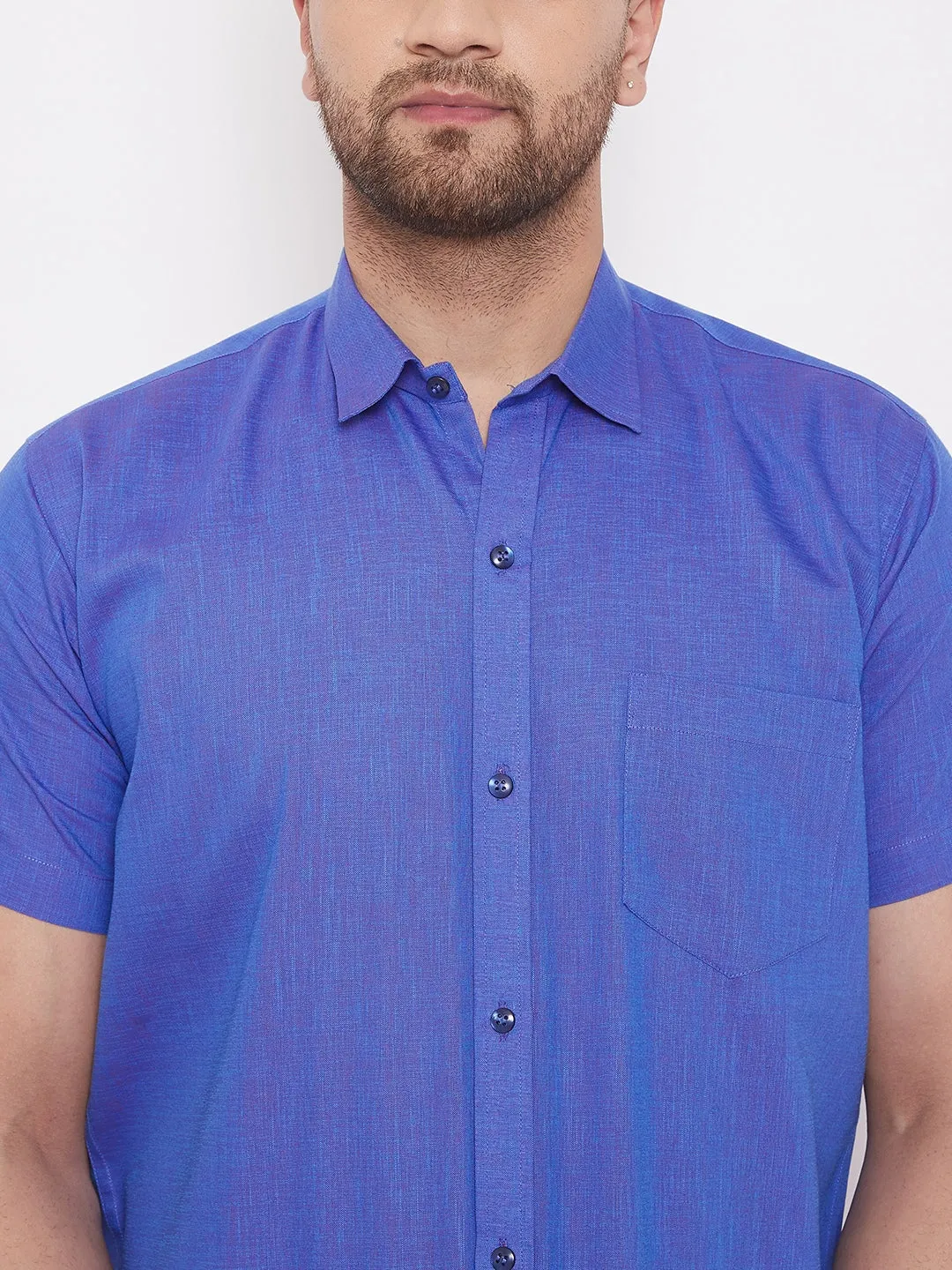 VASTRAMAY Men's Blue Cotton Blend Ethnic Shirt