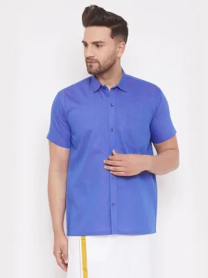 VASTRAMAY Men's Blue Cotton Blend Ethnic Shirt