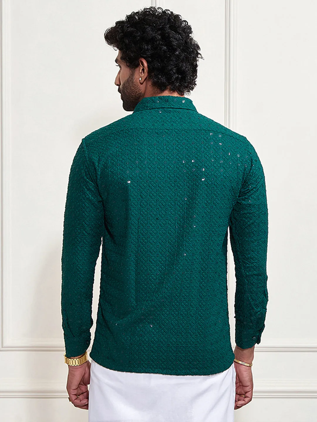 VASTRAMAY Men's Green Rayon Embellished Shirt