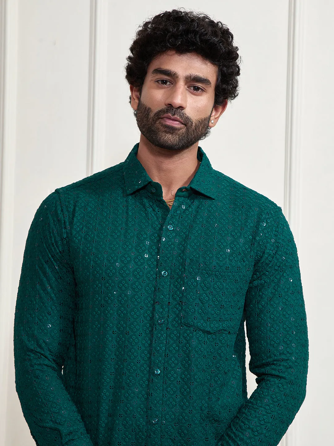 VASTRAMAY Men's Green Rayon Embellished Shirt